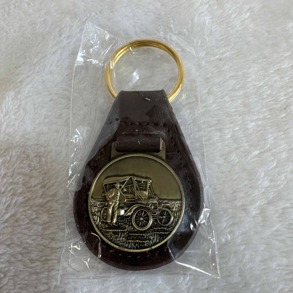 State Farm Leather & Brass 3.5" Keychain - G.J. Mecherle w/ a Ford Model T